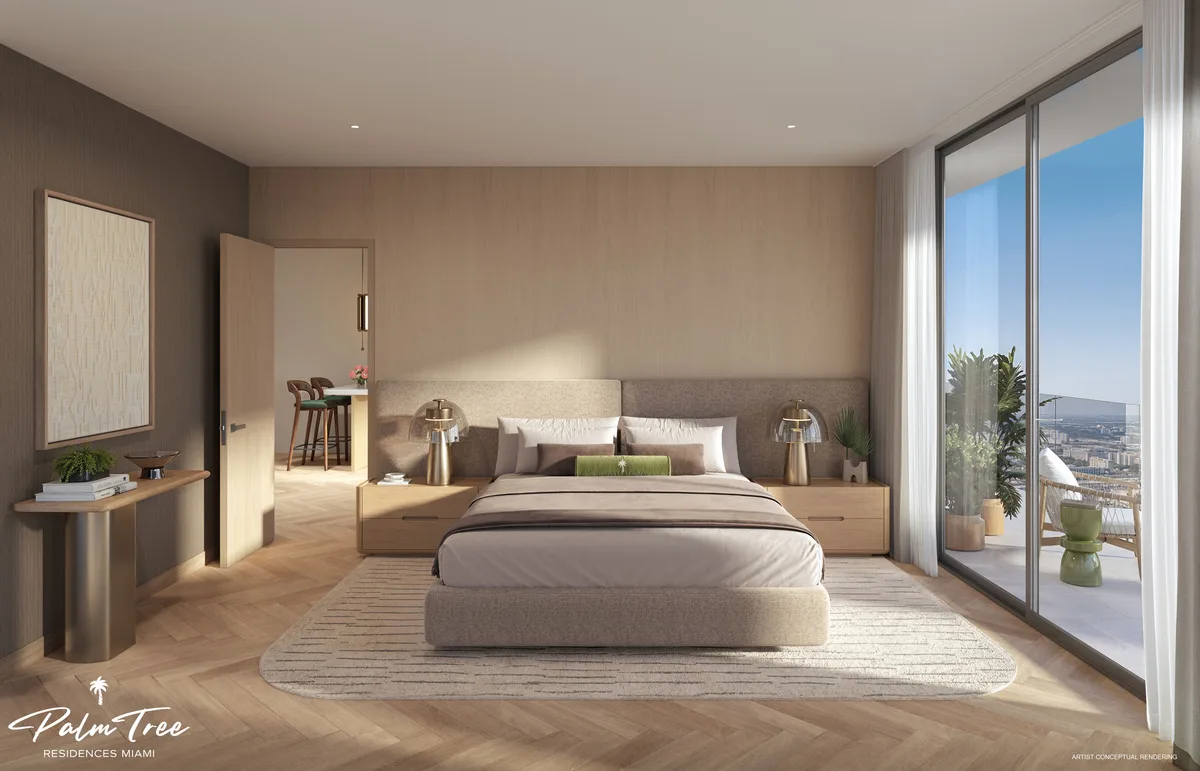 Primary bedroom with warm wood and linen tones